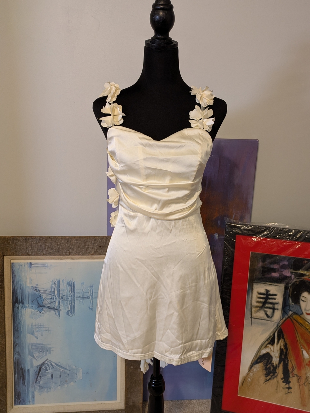 NWT Shein Ivory Floral Strap Mini Dress Size 6M Satin Corset Boning Fairy Core